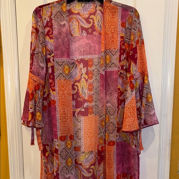 GEORGE BRAND  BRIGHT COLORS KIMONO PINKS/ORANGE/PURPLE BELL SLEEVES WITH TIES - Picture 1 of 9